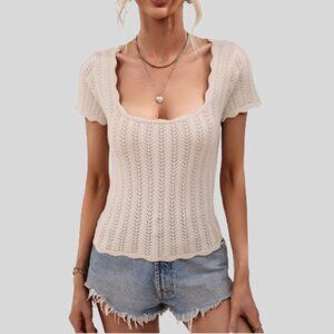 Crochet Square-Neck Sweater Tops - Color Cream